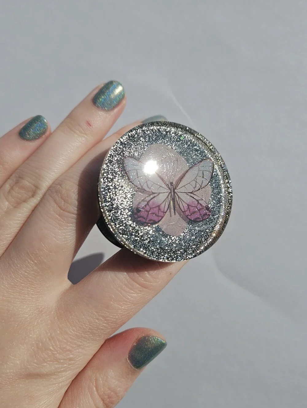 Handmade Pink Butterfly & Flower Resin Phone Grip Whimsical Cute Silver Glitter